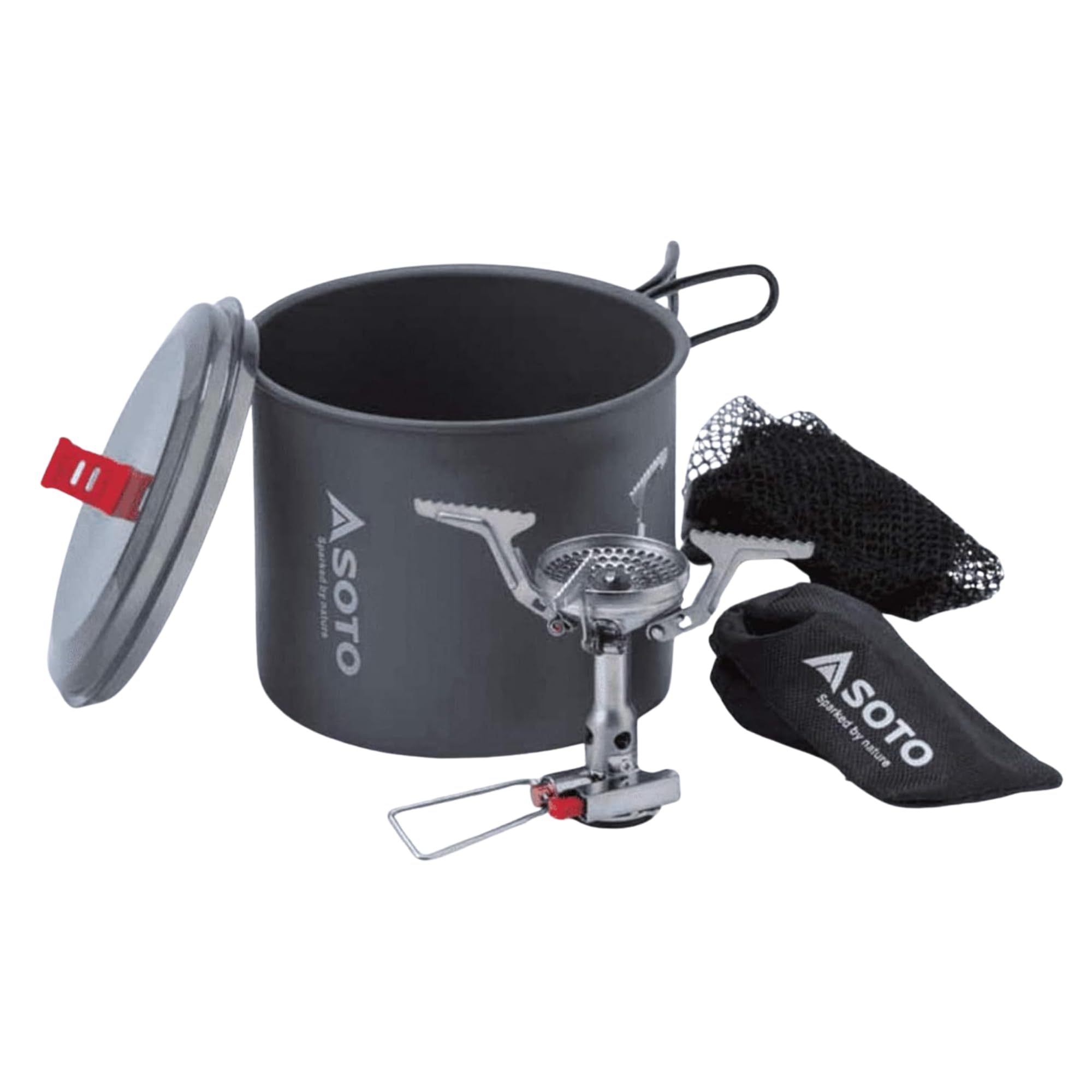 SOTO Amicus front view showing compact stove and pot, portable cooking benefit