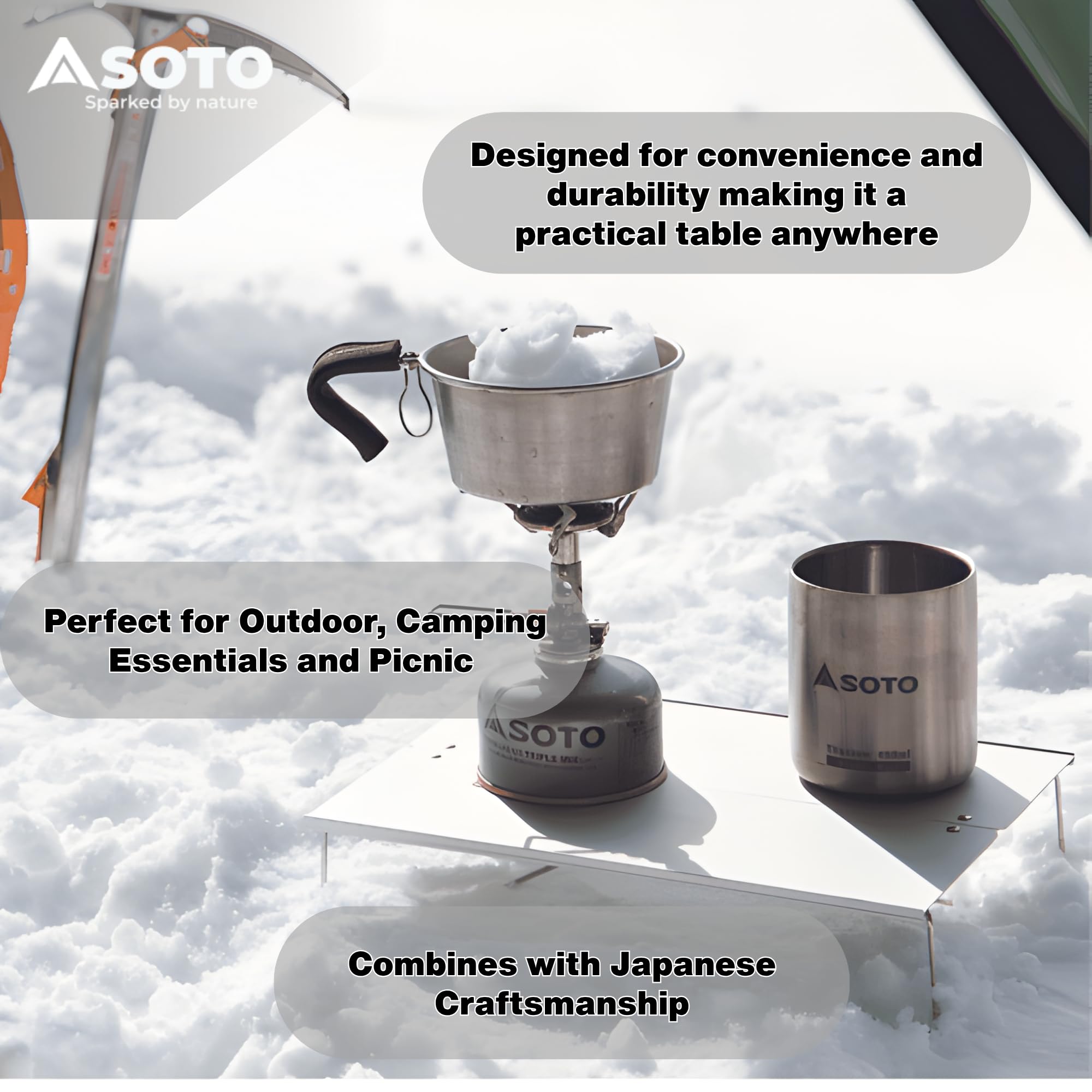 SOTO stove on table at campsite proving safe cooking platform and organization
