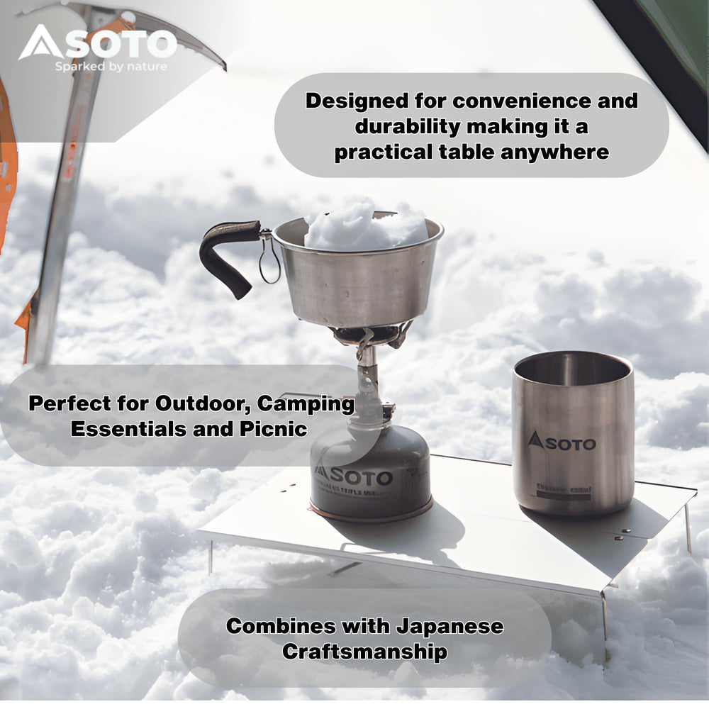 SOTO stove on table at campsite proving safe cooking platform and organization