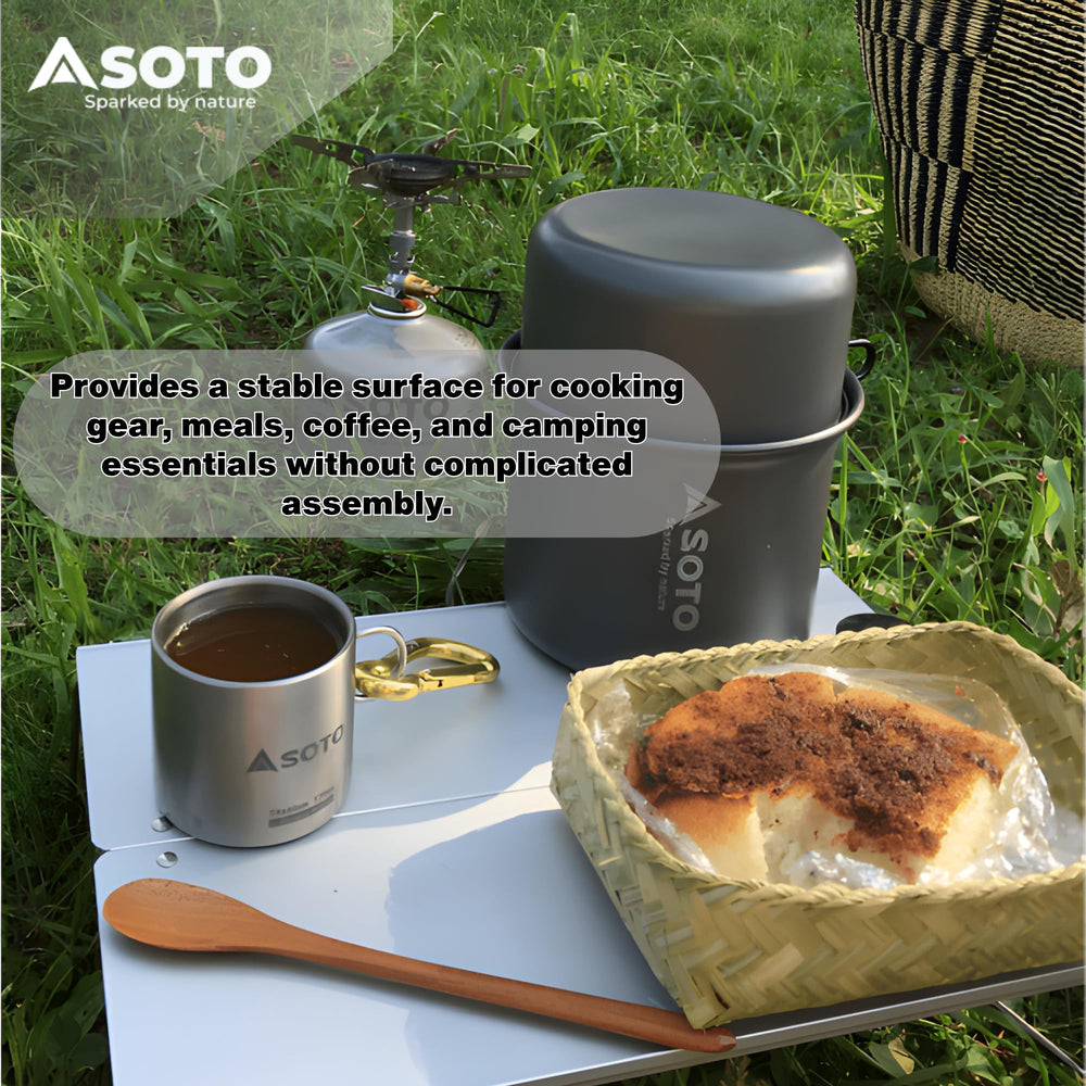SOTO table inside tent setup keeping gear elevated and tidy in shelter