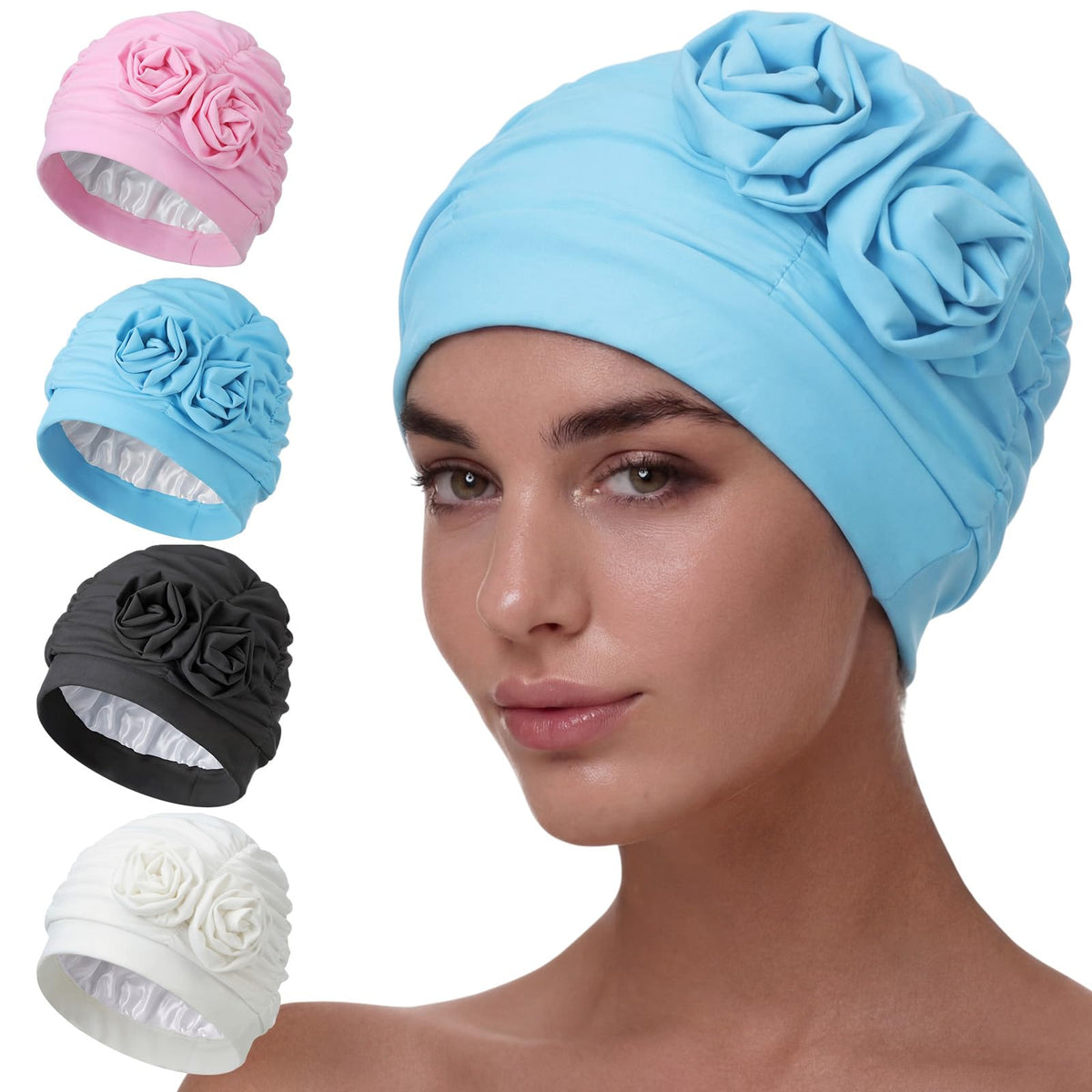 Soulchen front pack view showing four colorful turbans and benefit of variety