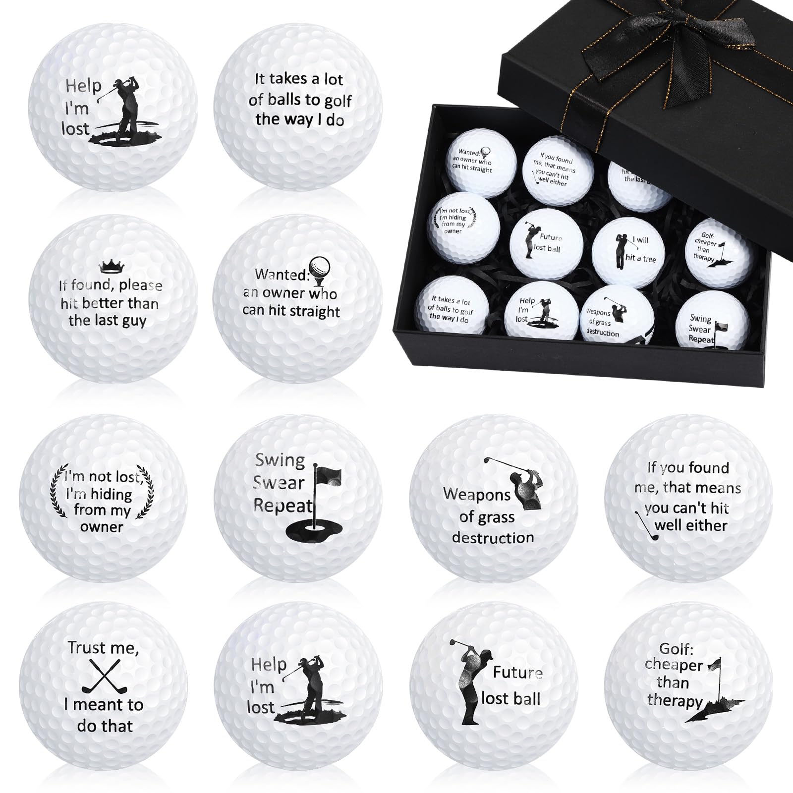 Soulchen front packaging showing twelve funny golf balls and black gift box benefit: ready-to-give presentation