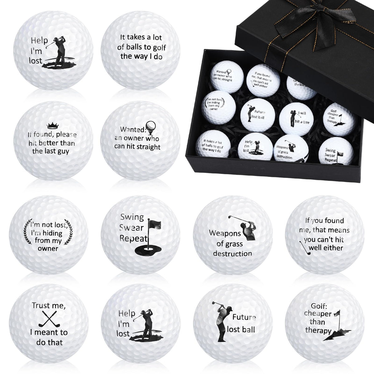 Soulchen front packaging showing twelve funny golf balls and black gift box benefit: ready-to-give presentation