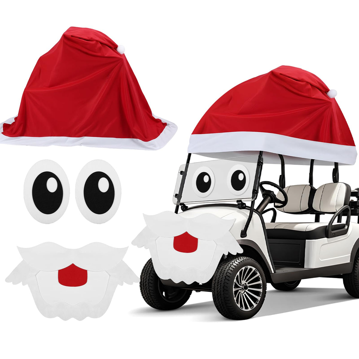 Soulchen front view of golf cart dressed as Santa, festive curb appeal