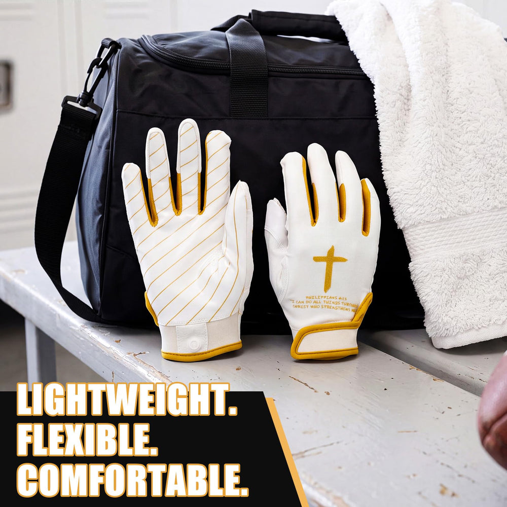 Soulchen gloves worn by youth receiver making catch on field for performance
