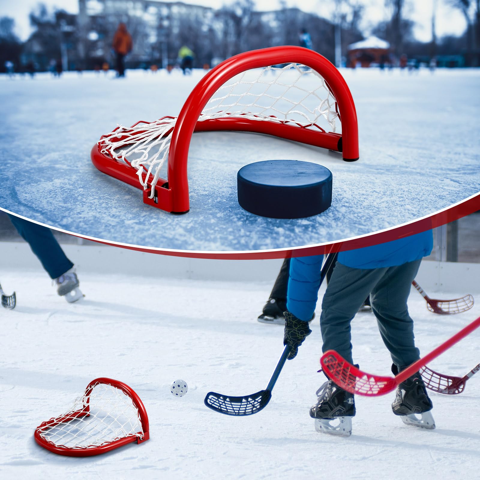 Soulchen goal next to hockey stick for scale showing true compact size and portability