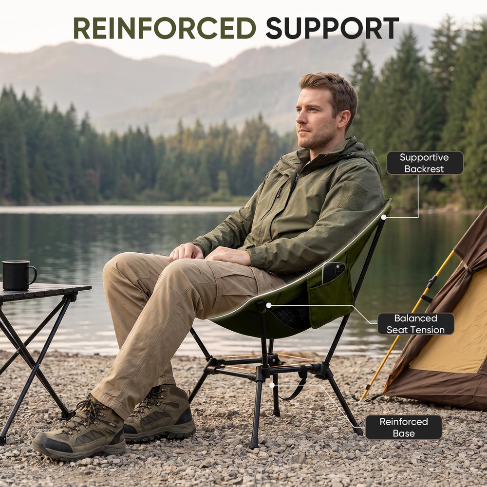 spanspace chair beside lake at campsite, sturdy seating for fishing benefit