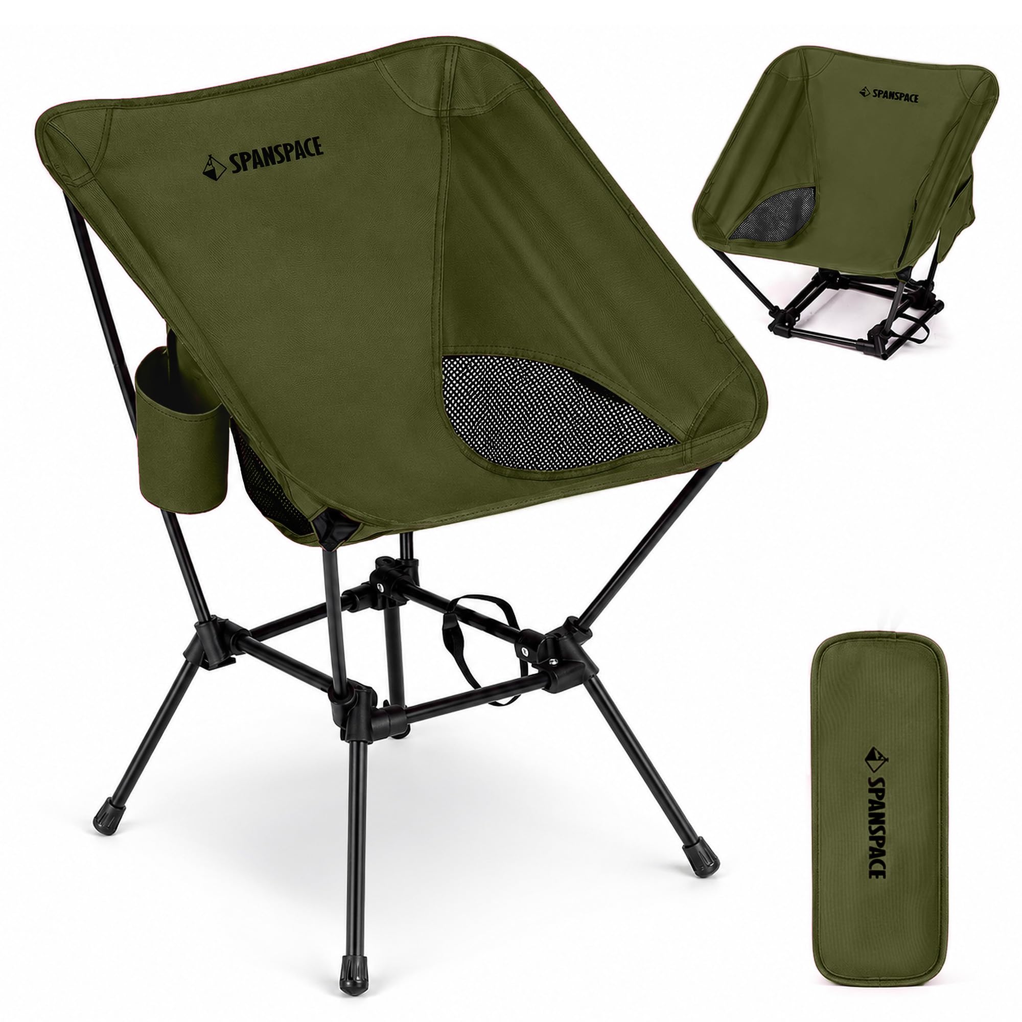 spanspace front view showing compact folded and open chair, portable seating benefit