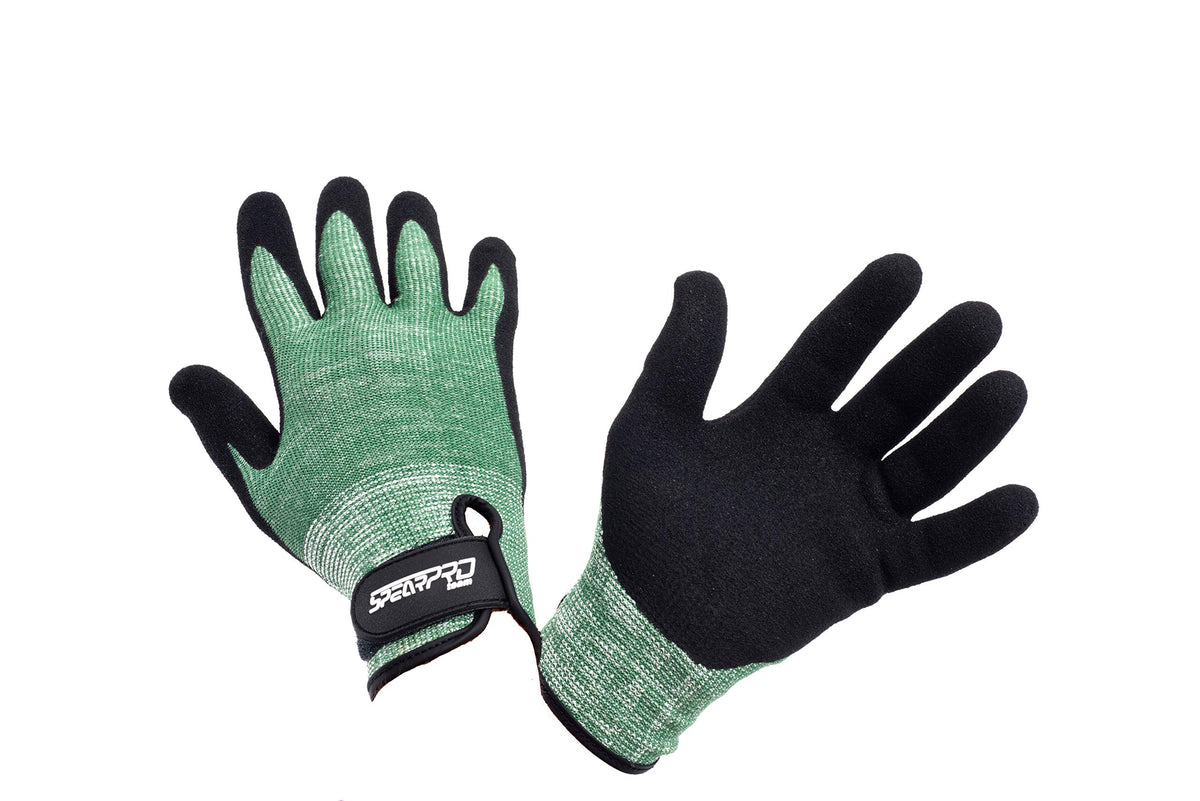 SpearPro Dyneema glove front view showing green nitrile palm and secure fit benefit