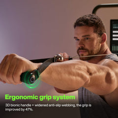 Speediance PowerGrip attached to cable machine while user performs a row, improving grip security