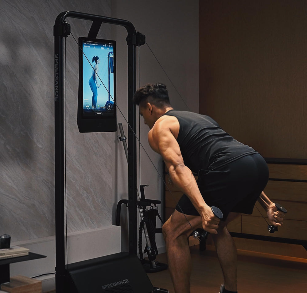 Speediance Skiing Handles 2 attached to Gym Monster in use, enables realistic ski-style training