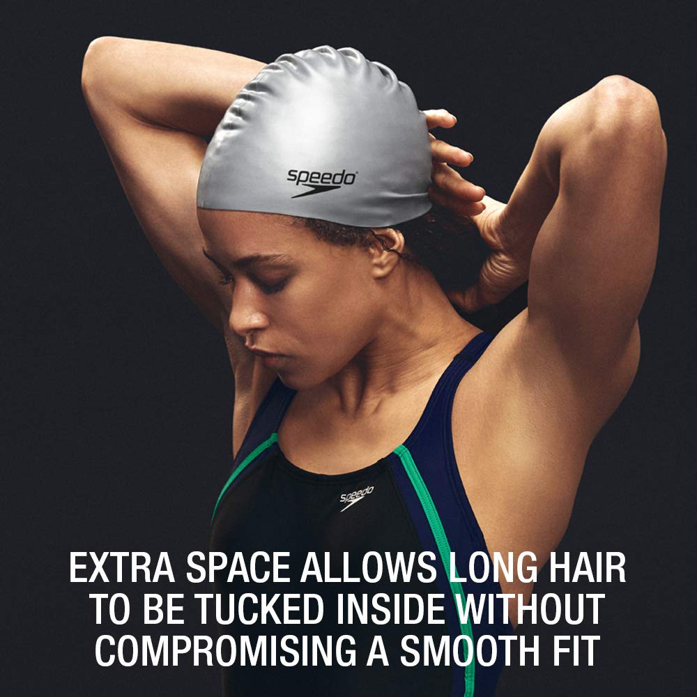Speedo cap worn by swimmer in pool demonstrating stay-put performance