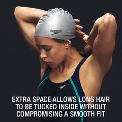 Speedo cap worn by swimmer in pool demonstrating stay-put performance
