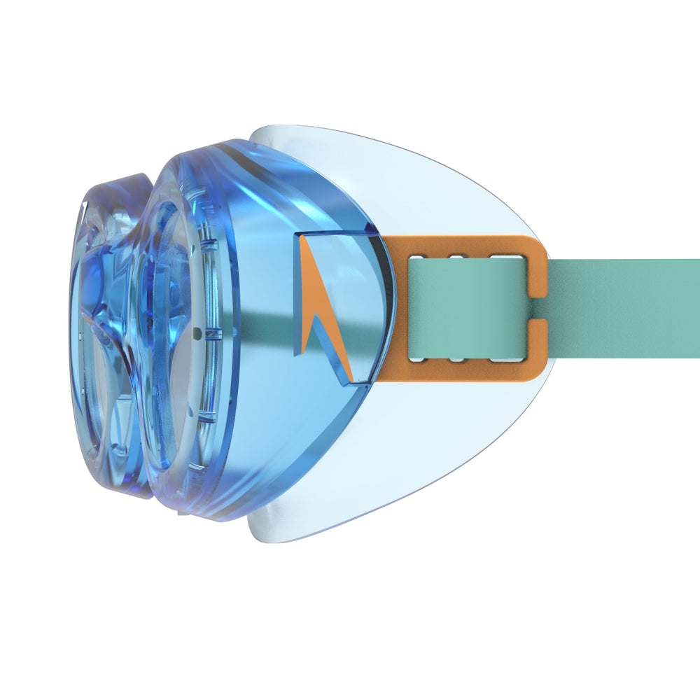 Speedo Hydrospex child wearing goggles poolside demonstrating secure fit and vision