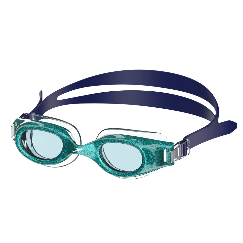 Speedo Hydrospex front view showing colorful enamel blue glitter benefits visibility