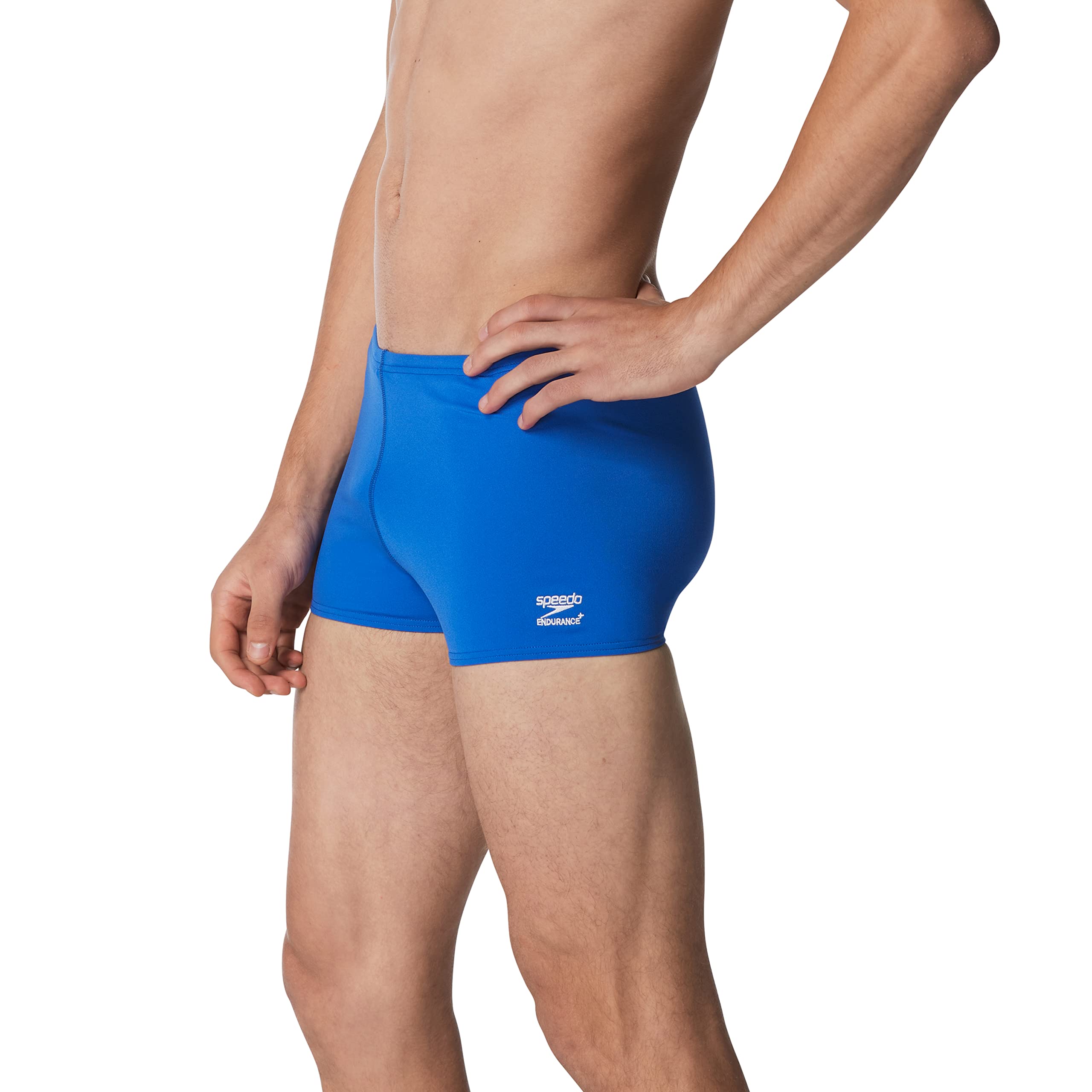 Speedo size scale on model illustrating fit and thigh coverage for buyers