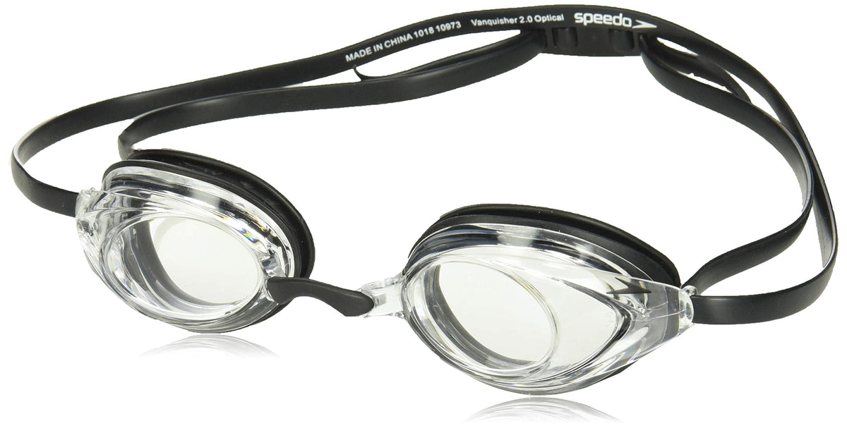 Speedo front view of Vanquisher 2.0 Optical goggles showing clear lens and snug fit benefit