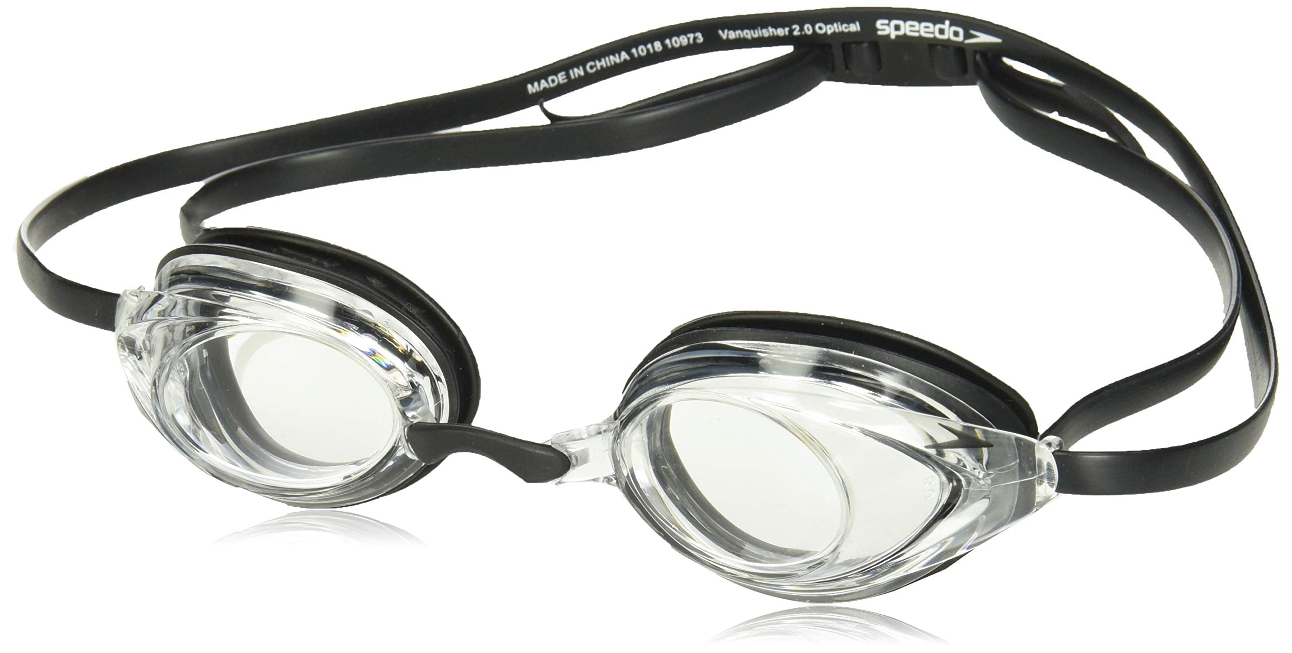 Speedo Vanquisher 2.0 front view showing snug low-profile fit and wide lenses for speed