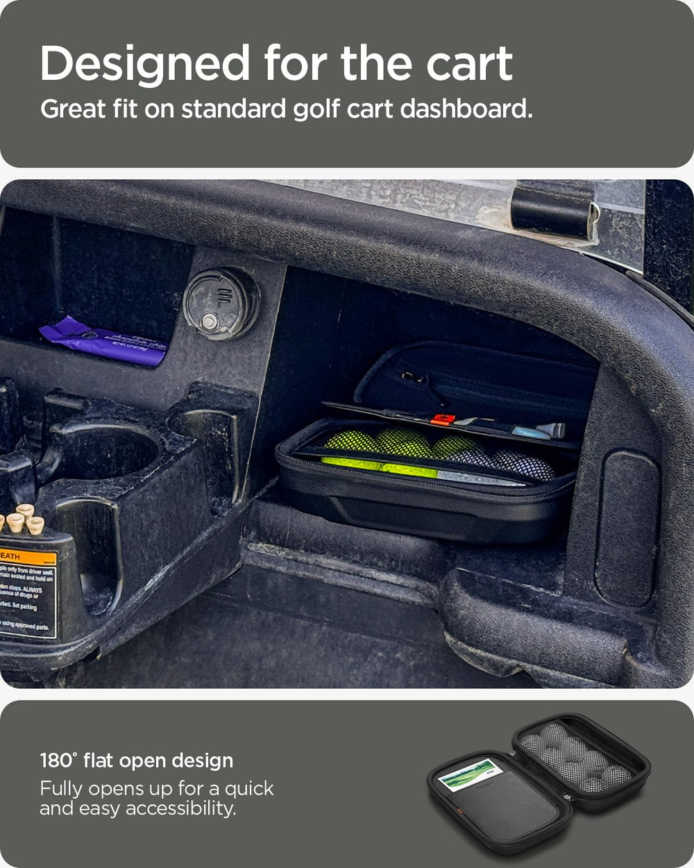 Spigen pouch inside a golf bag demonstrating portable fit and space-saving benefit