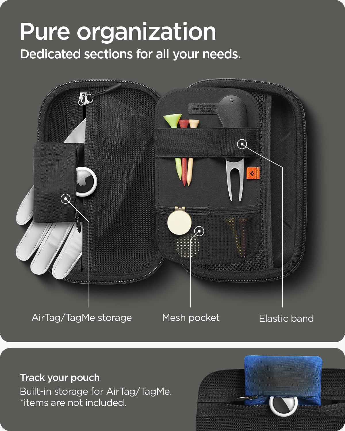 Spigen interior compartments holding balls, tees, and rangefinder for neat storage