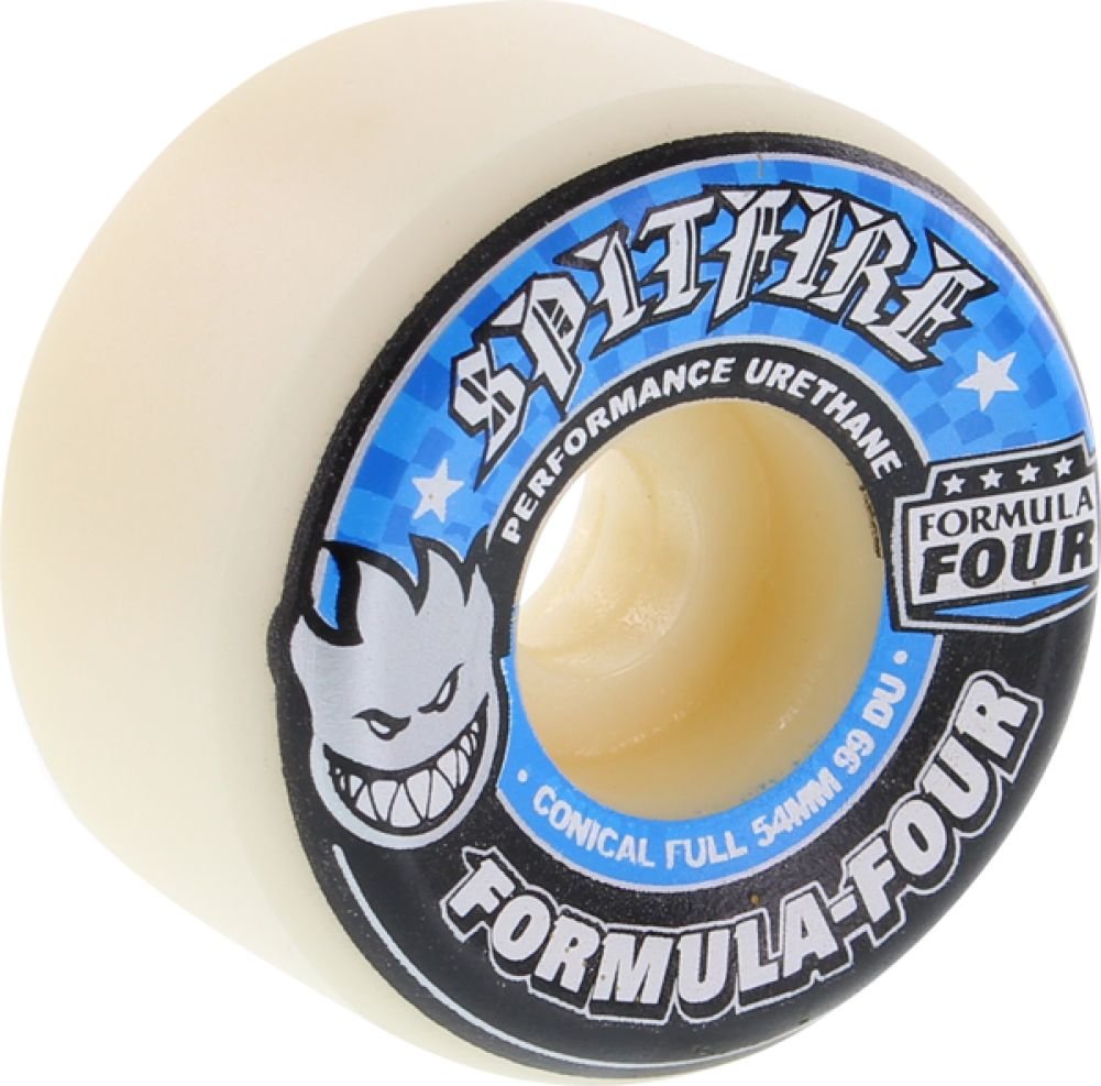 Spitfire white-blue wheel front view showing profile and durable urethane for reliable control