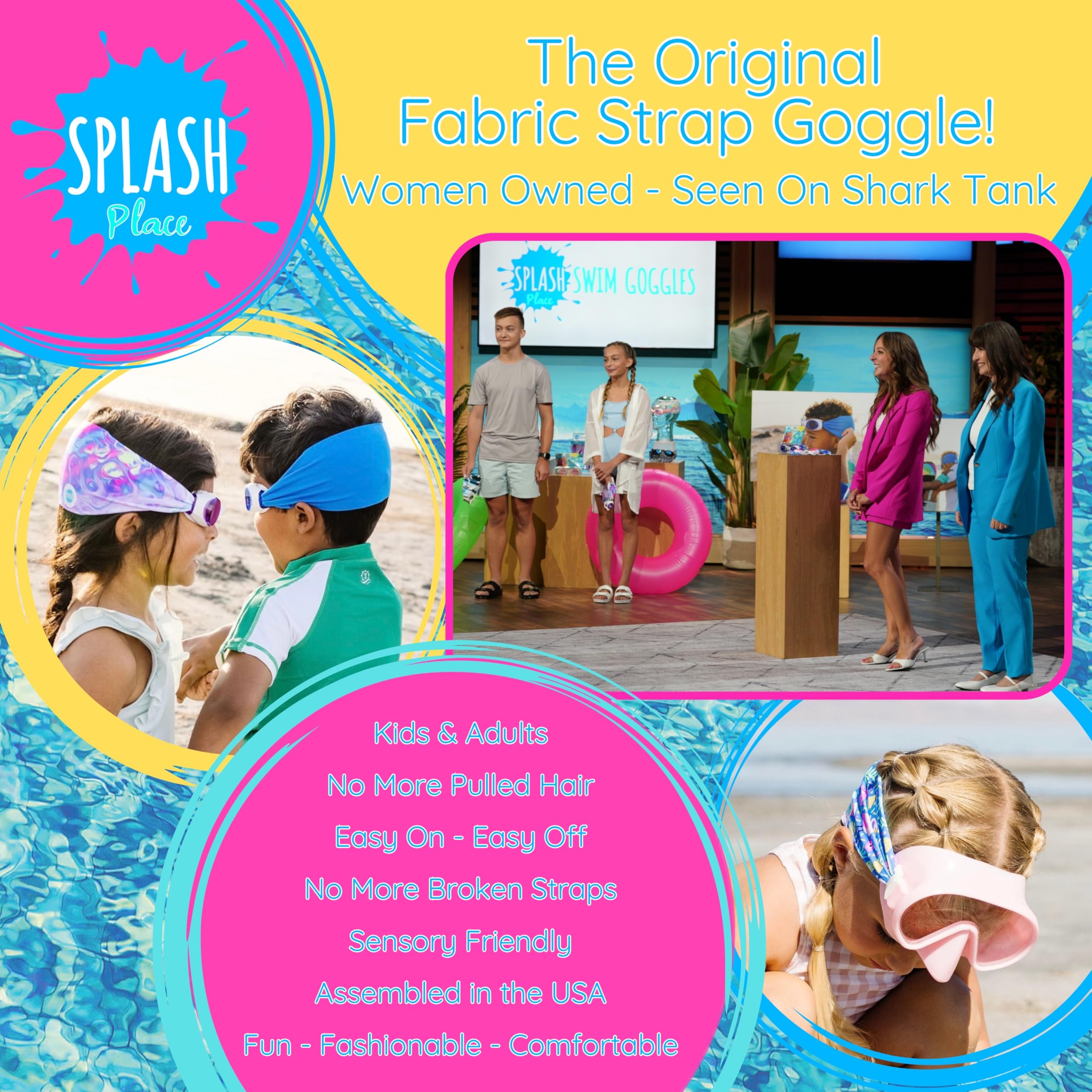 Splash Place fabric strap close-up highlighting tangle-free strap and soft comfort