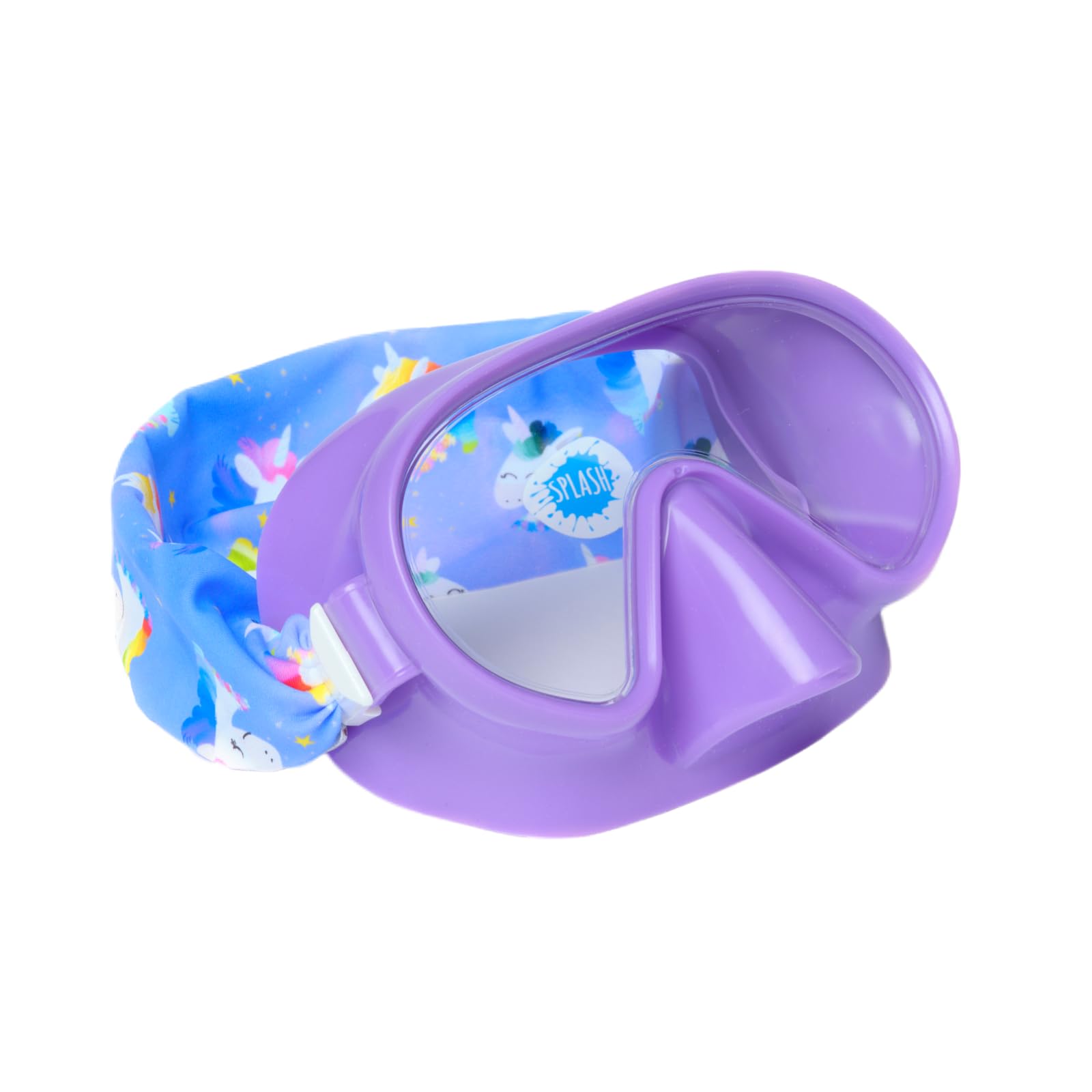 Splash Place front view rainbow unicorn goggles showing colorful frame and strap benefit visibility