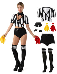 Spooktacular Creations referee costume front view shows bold stripes and flattering silhouette