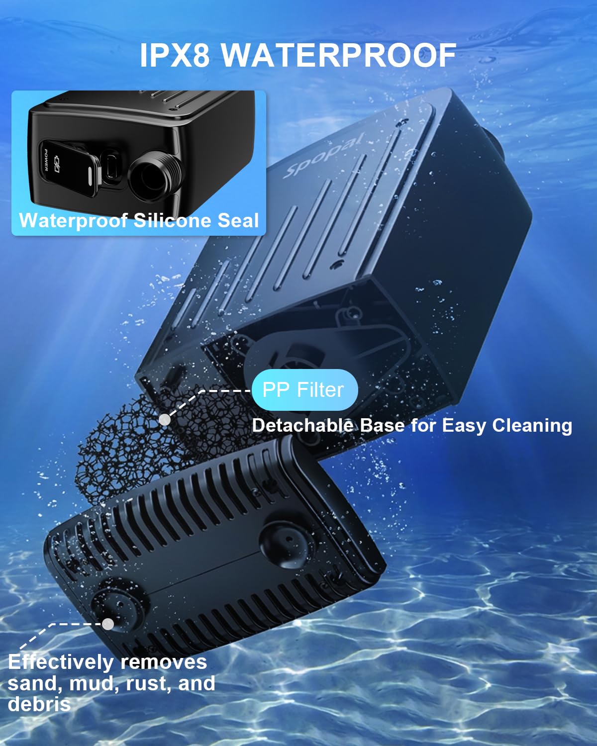 Spopal charging port and waterproof cap showing safe Type-C charging