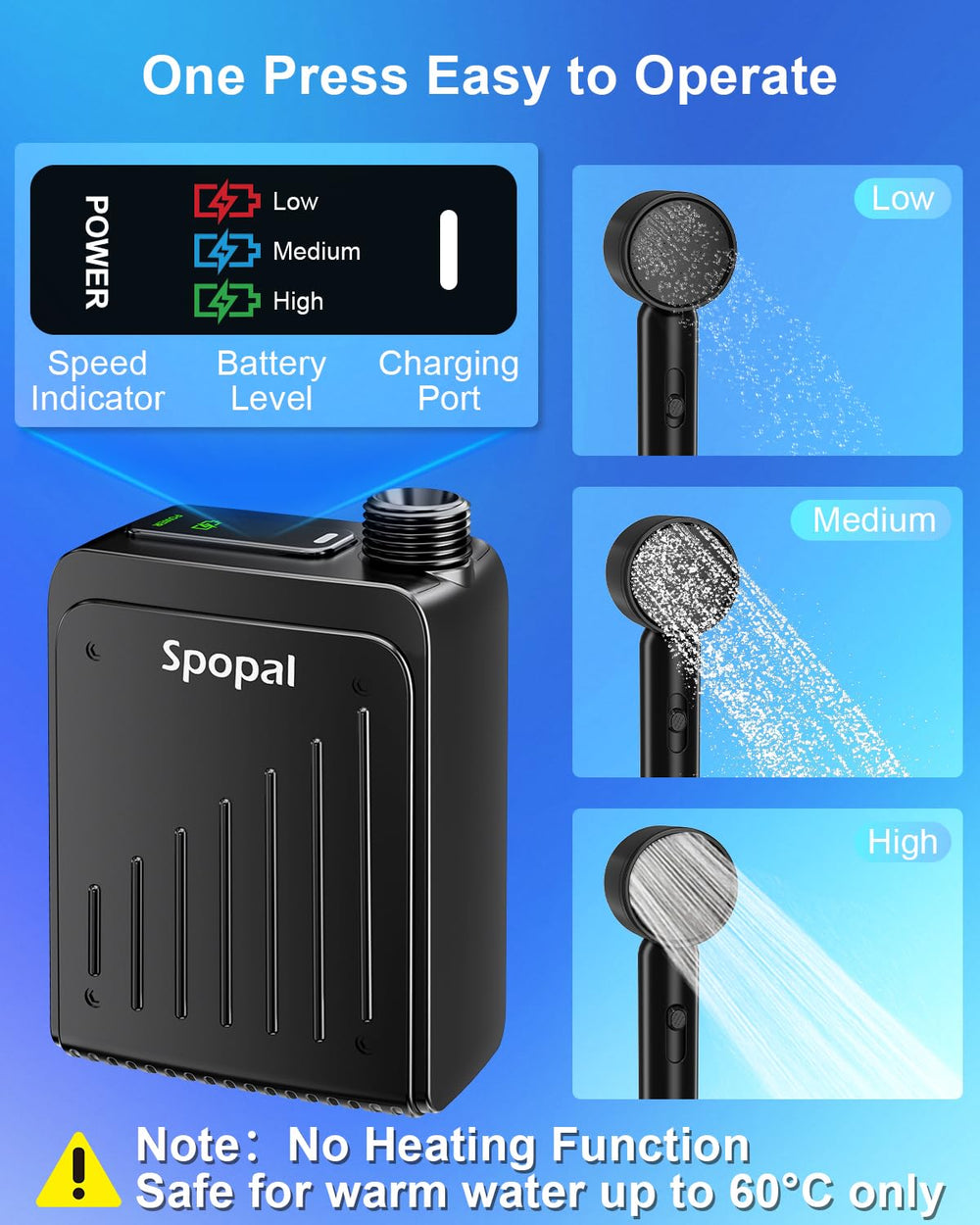 Spopal detachable shower head closeup showing spray modes and easy cleaning