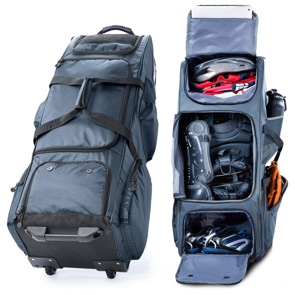 SPORJET front view of rolling catchers bag showing organized storage and mobility