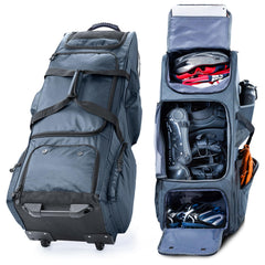 SPORJET front view of rolling catchers bag showing organized storage and mobility