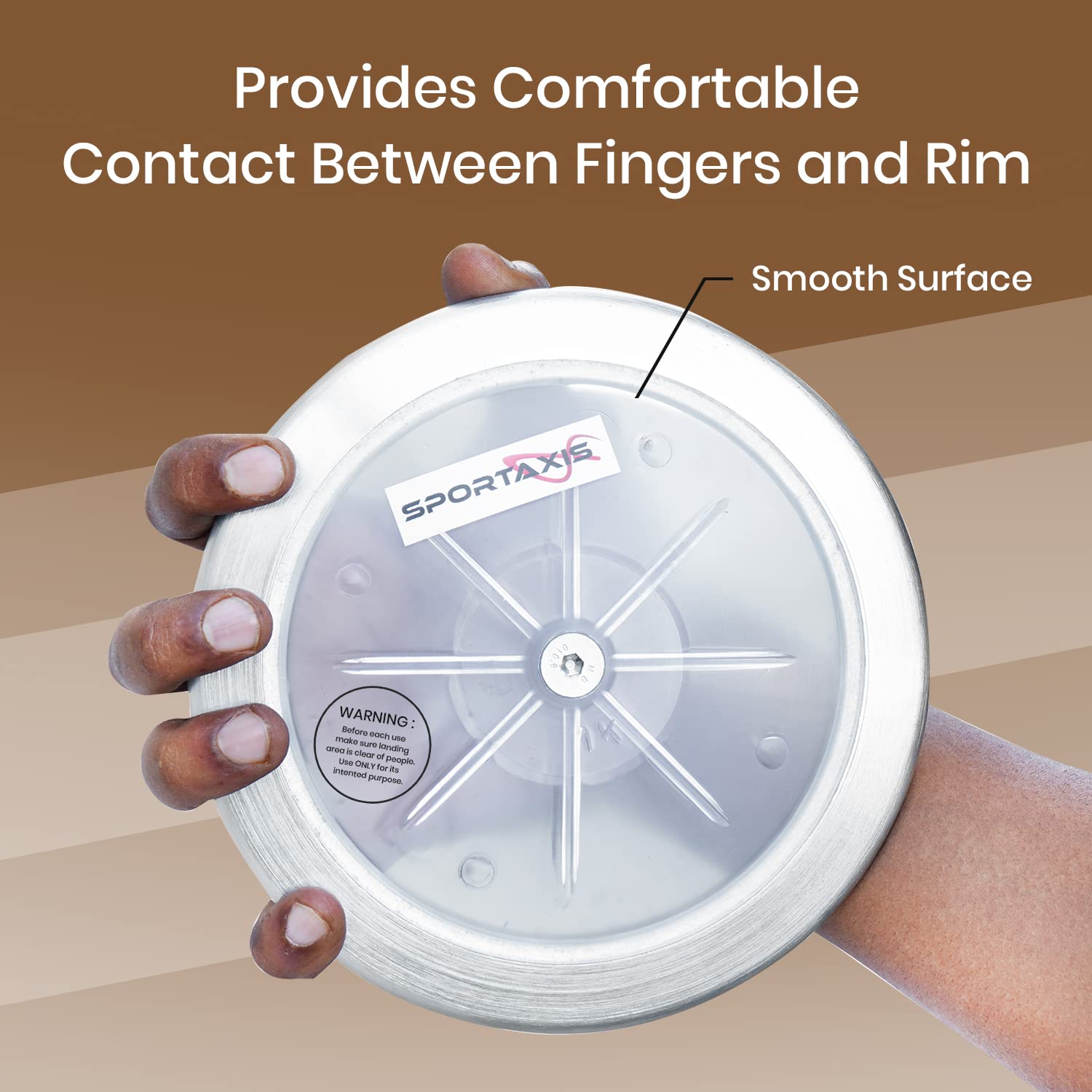 SPORTAXIS discus held in hand for grip demonstration and size reference