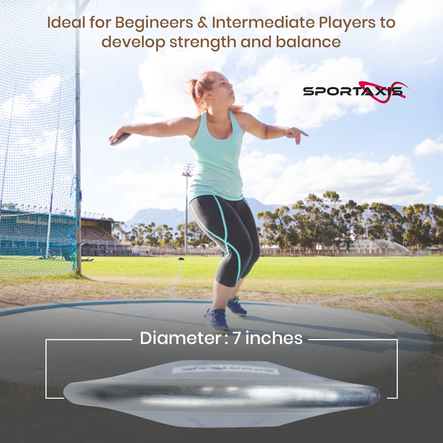 SPORTAXIS discus packaging and label showing product information and quality