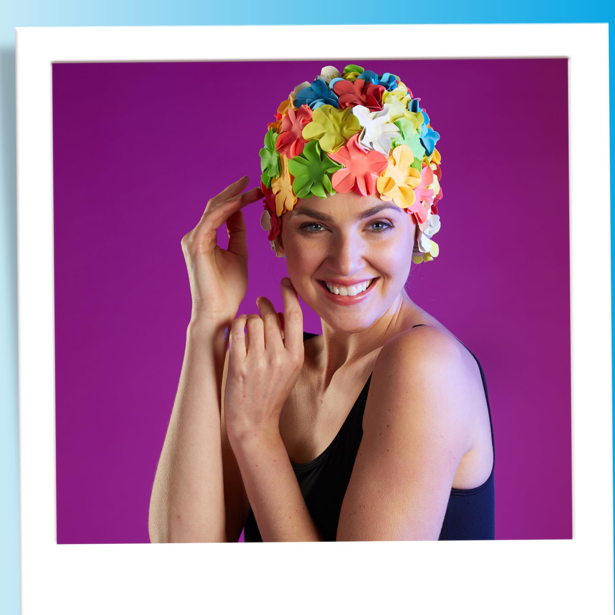 Sporti swim cap flat in packaging highlighting dimensions and care label