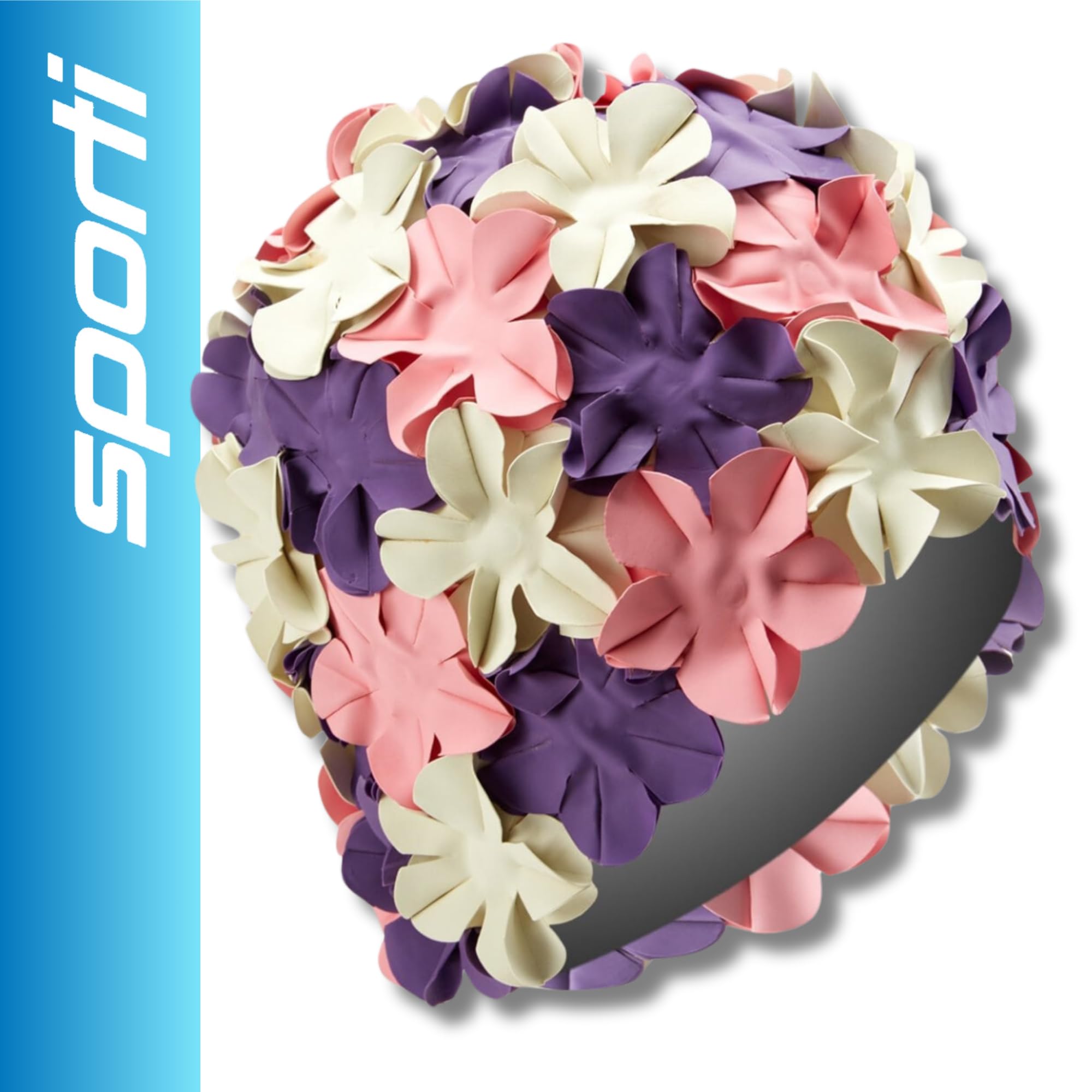 Sporti swim cap close-up of flower embellishment for stylish visibility