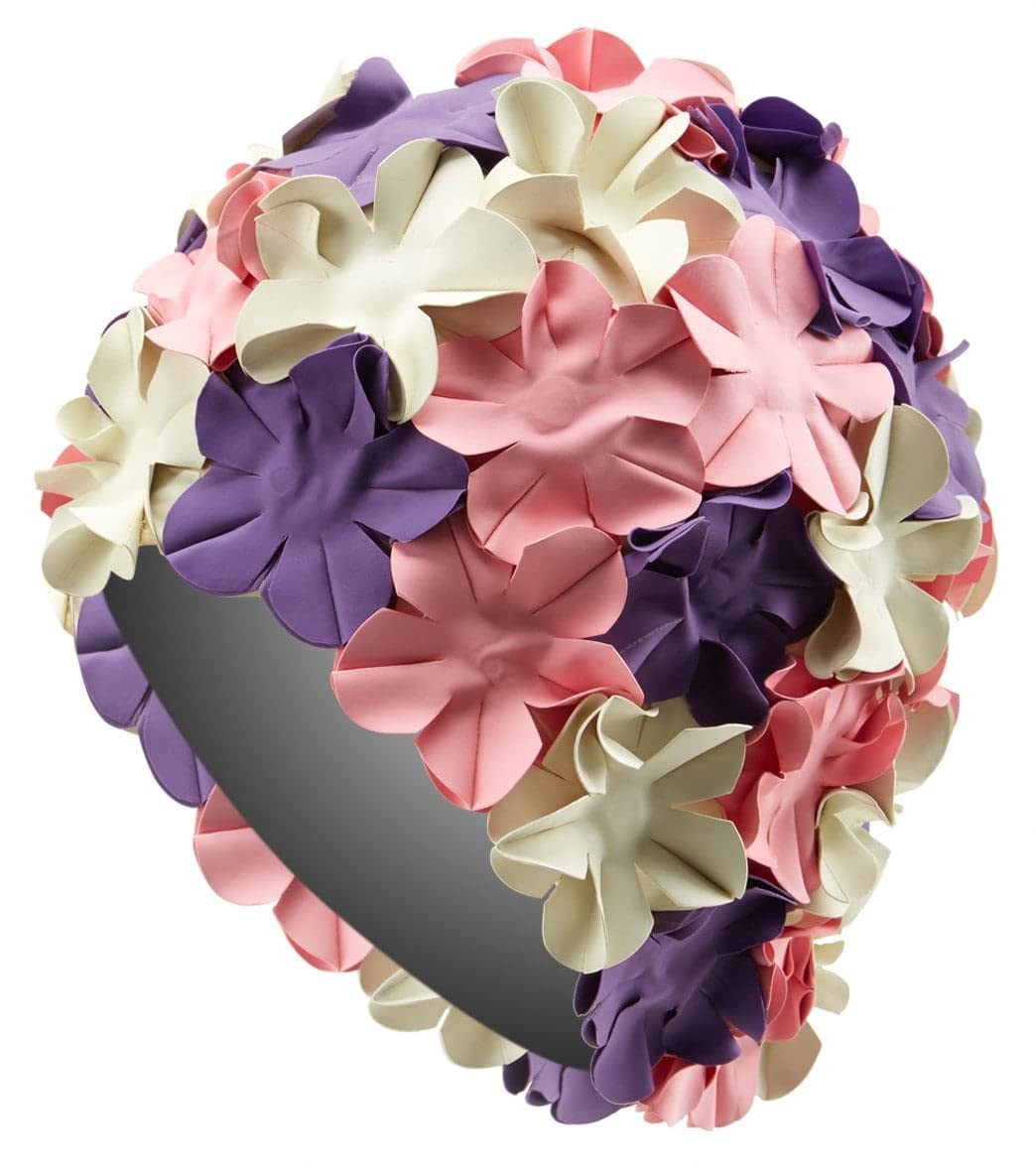 Sporti swim cap front view showing floral design and comfortable fit