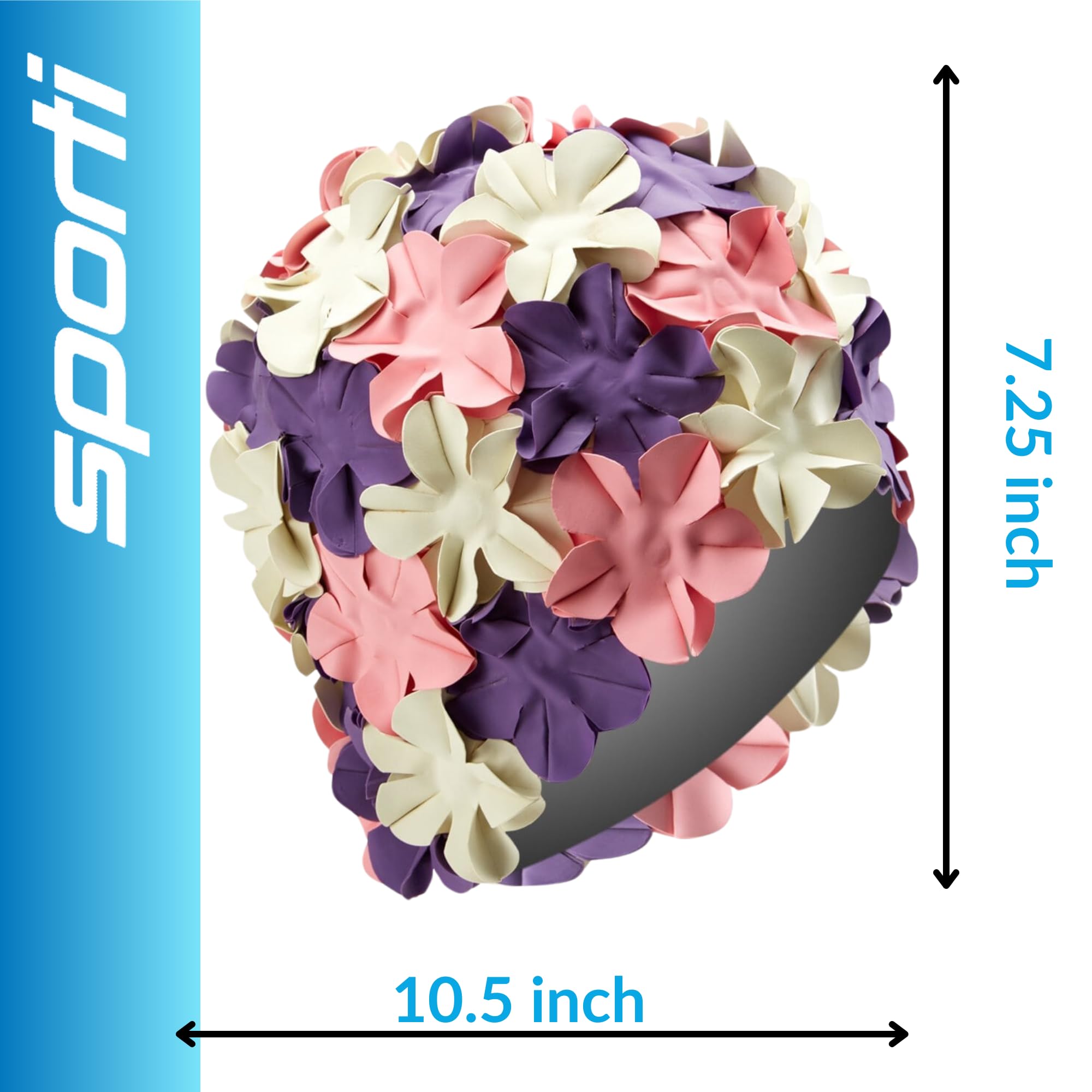 Sporti swim cap held in hand to show size and stretch for easy wear