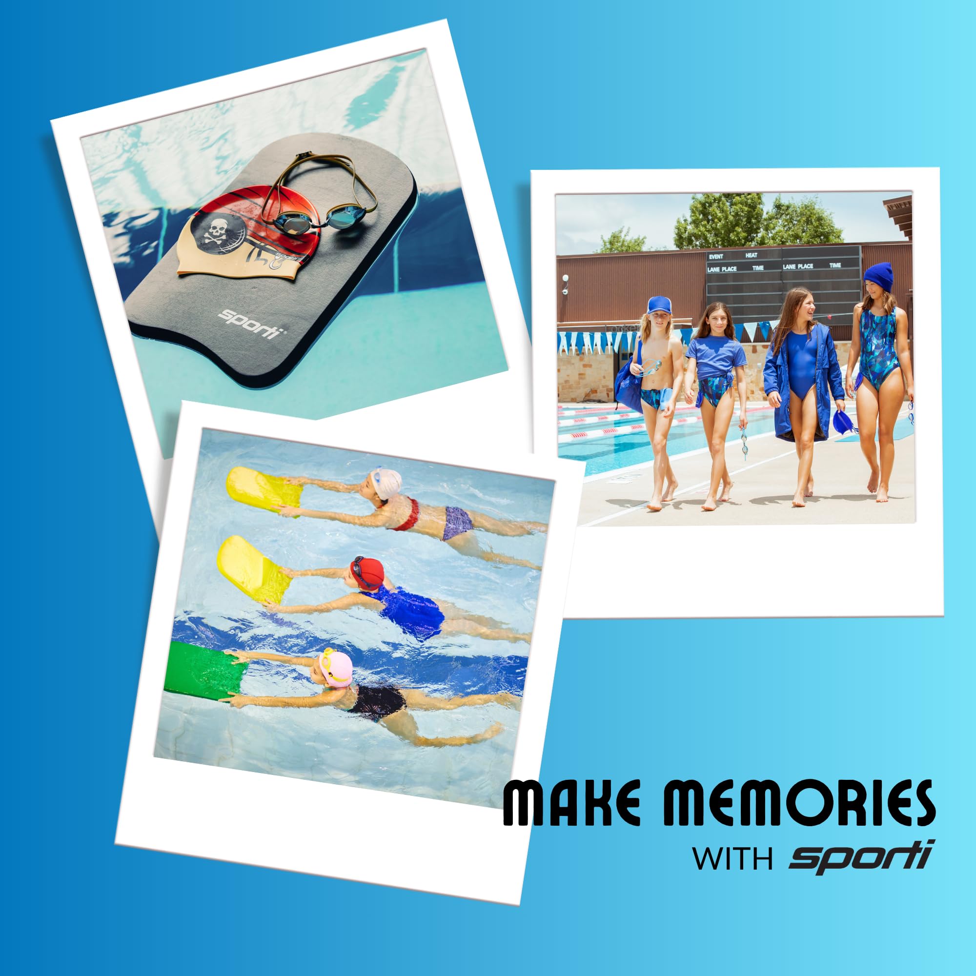 Bright orange Sporti junior kickboard visible in crowded pool for safety