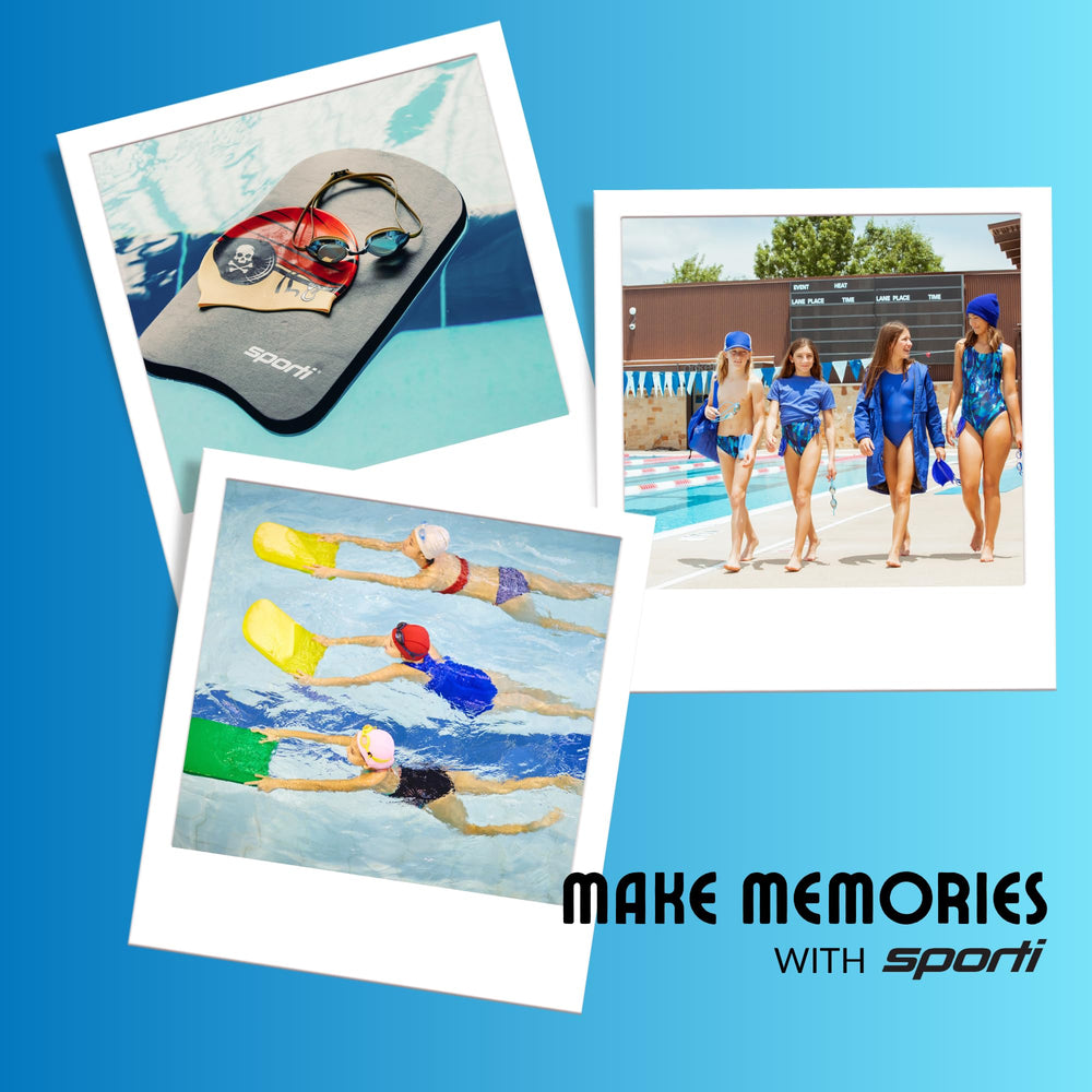 Bright orange Sporti junior kickboard visible in crowded pool for safety