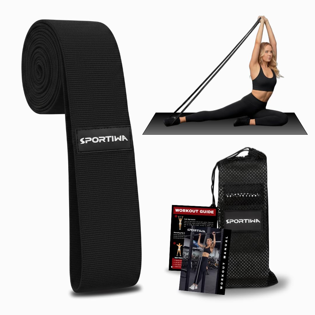Sportiwa front view of 76-inch band showing durable fabric and branding for reliable workouts