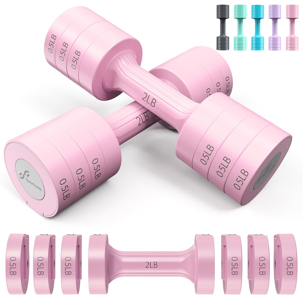 Sportneer front packaging showing adjustable dumbbell pair and benefits of space saving