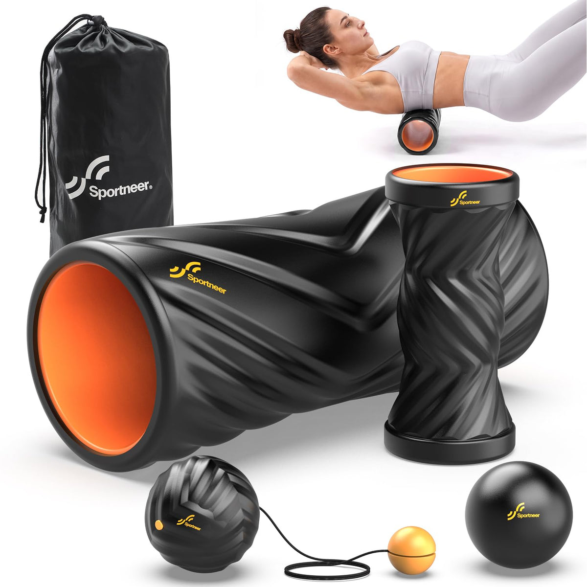 Sportneer foam roller set front layout showing all components and travel bag for easy storage
