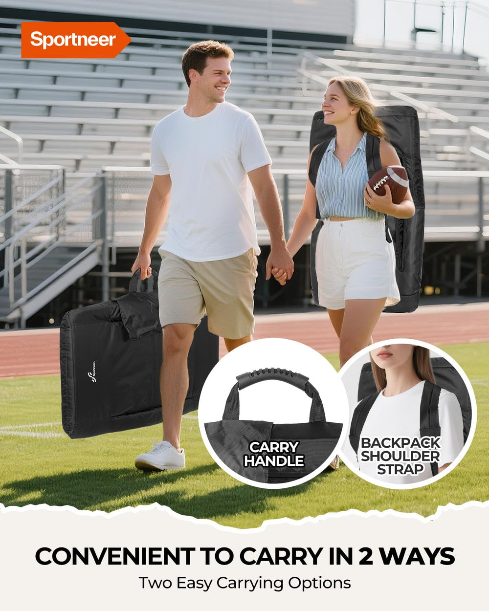 Sportneer folded and carried with shoulder straps for easy transport