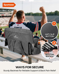 Sportneer seat in stadium setting offering back support and cup holders benefit