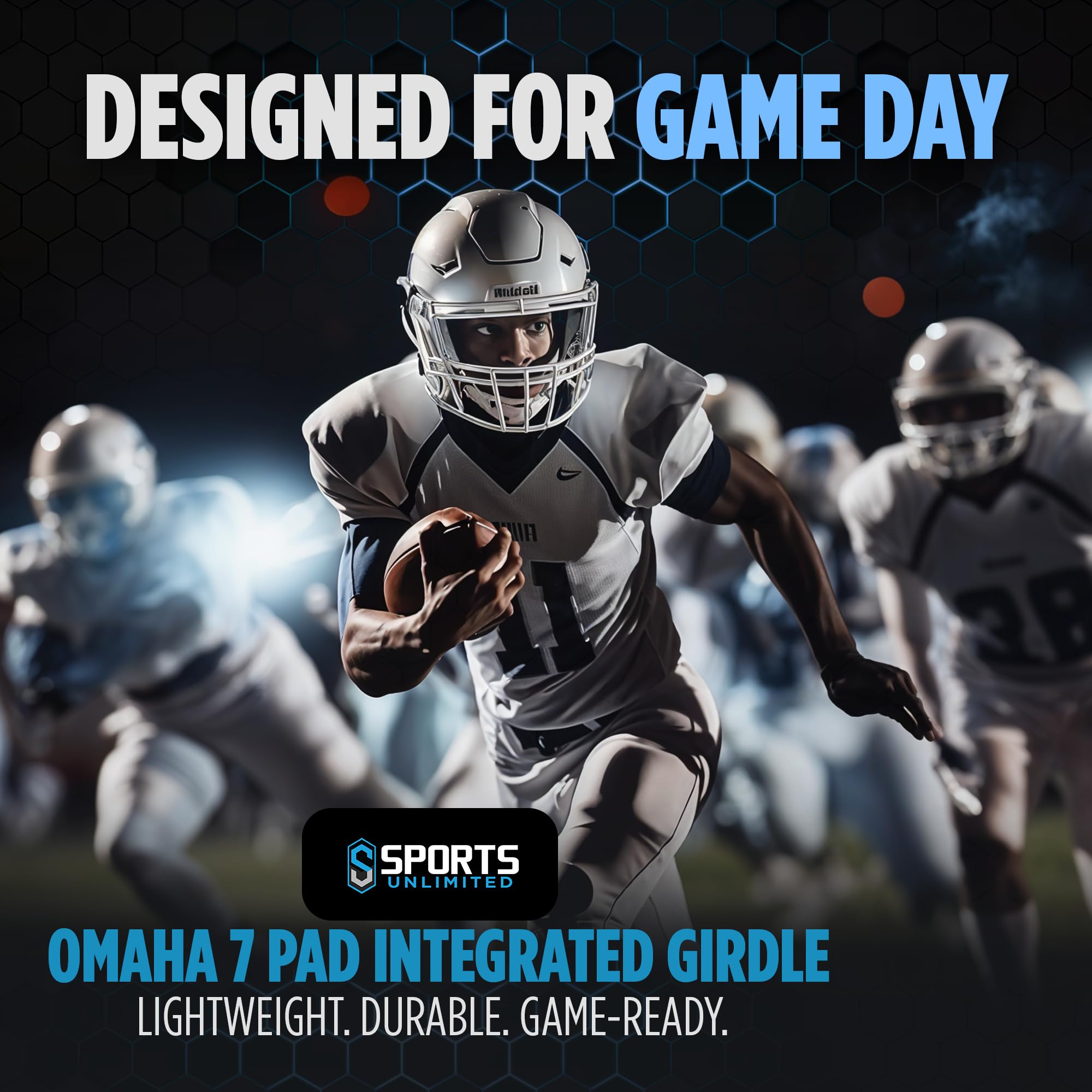 Sports Unlimited Omaha side pad detail highlighting hip and thigh protection benefits