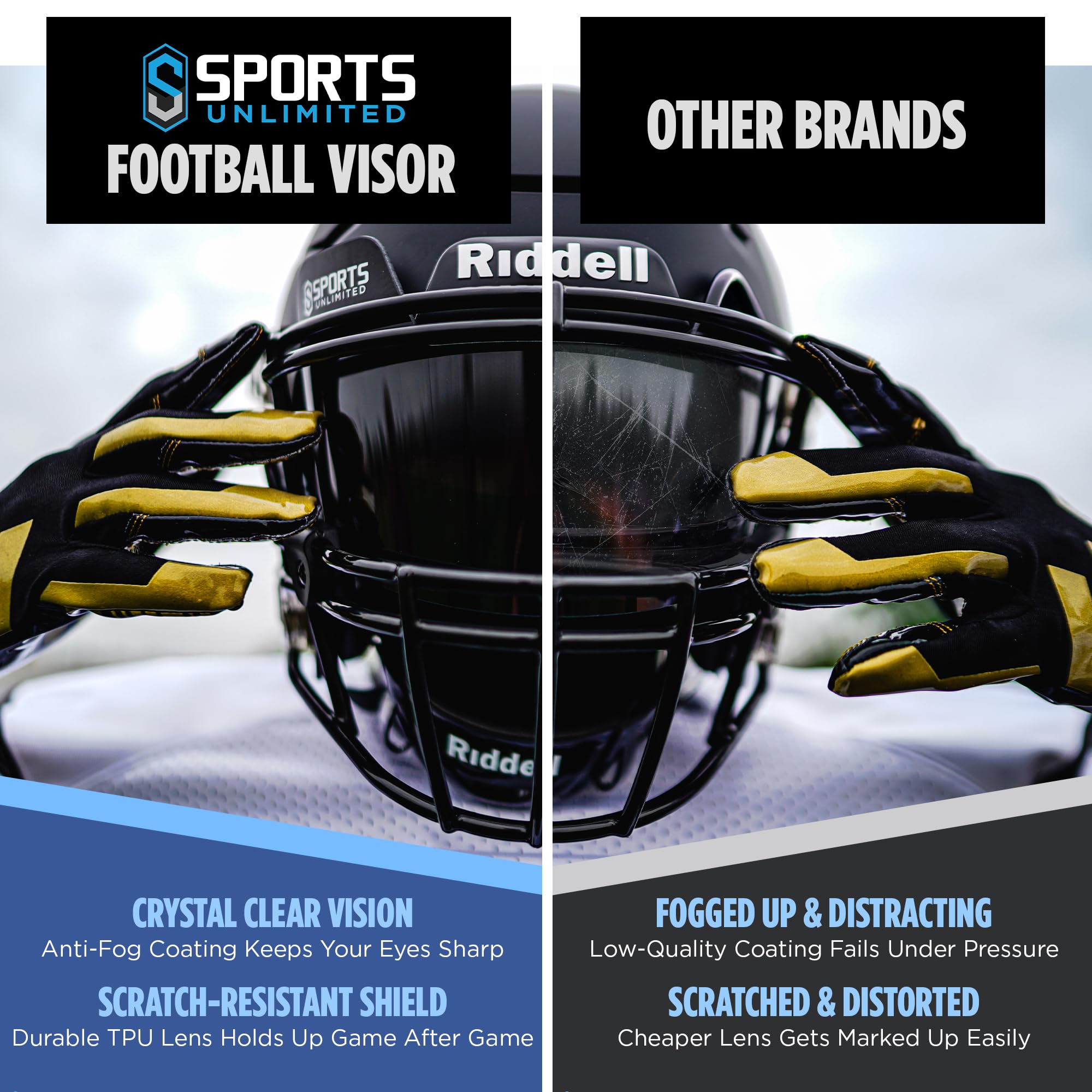 Sports Unlimited visor mounted on helmet demonstrating secure fit benefit