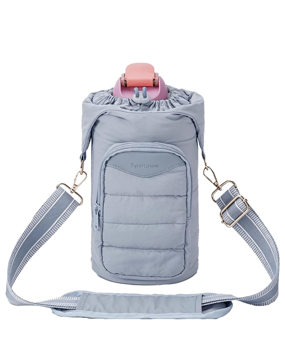 sportsnew front view showing bag holding tumbler and organized pockets