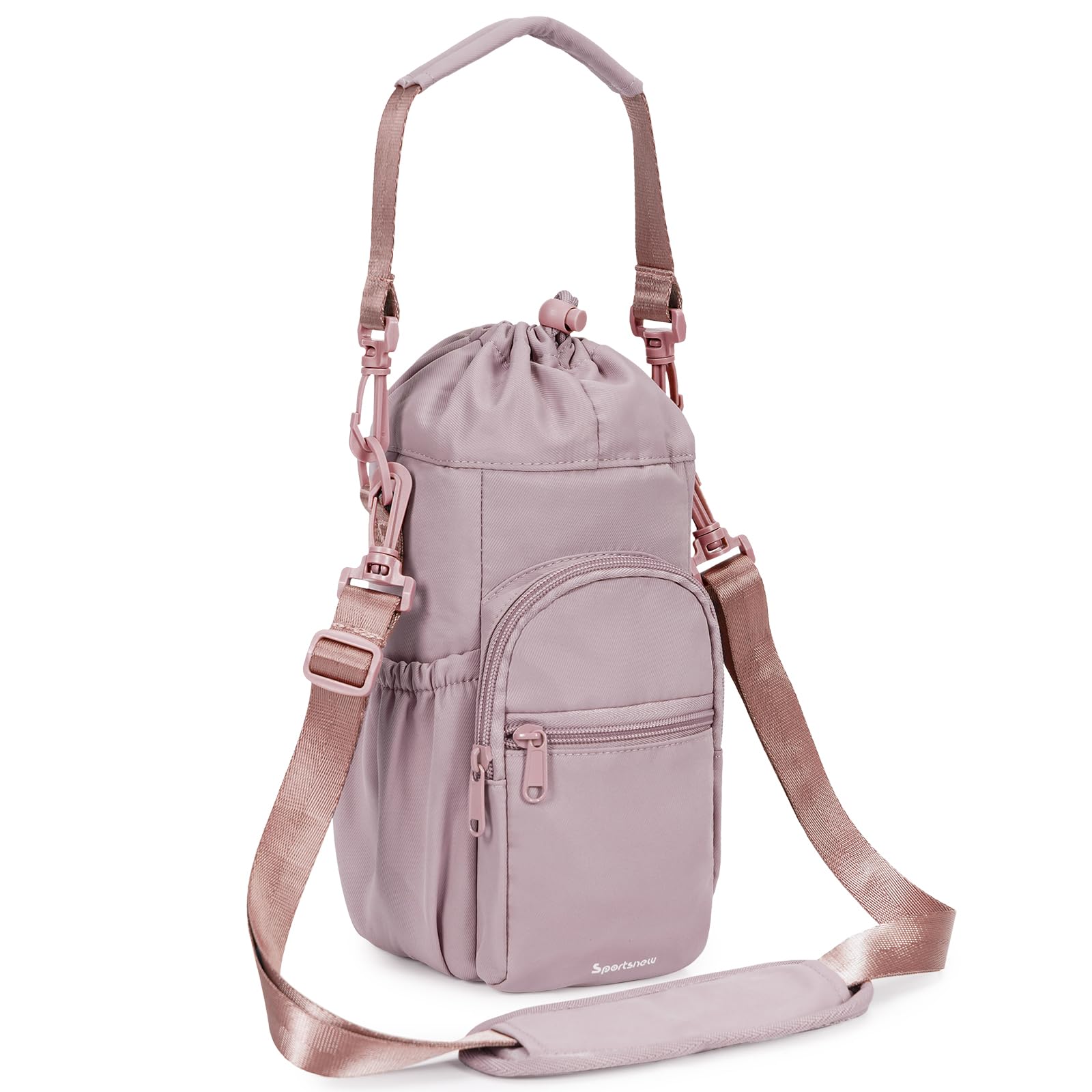 sportsnew front view pink sling showing full carrier and strap, convenient storage benefit