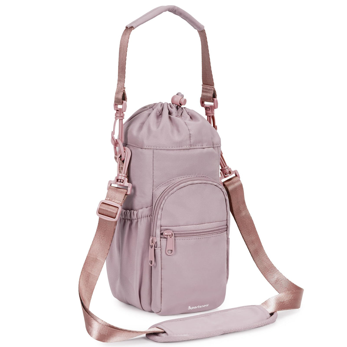 sportsnew front view pink sling showing full carrier and strap, convenient storage benefit